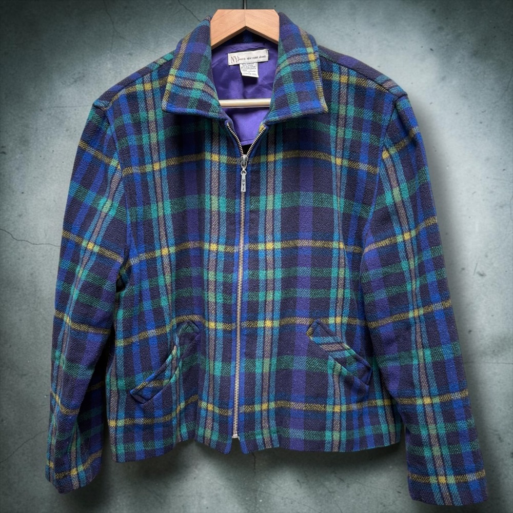 New York Jeans Womens Blue Green Plaid Wool Blend Full Zip Jacket Large Made USA